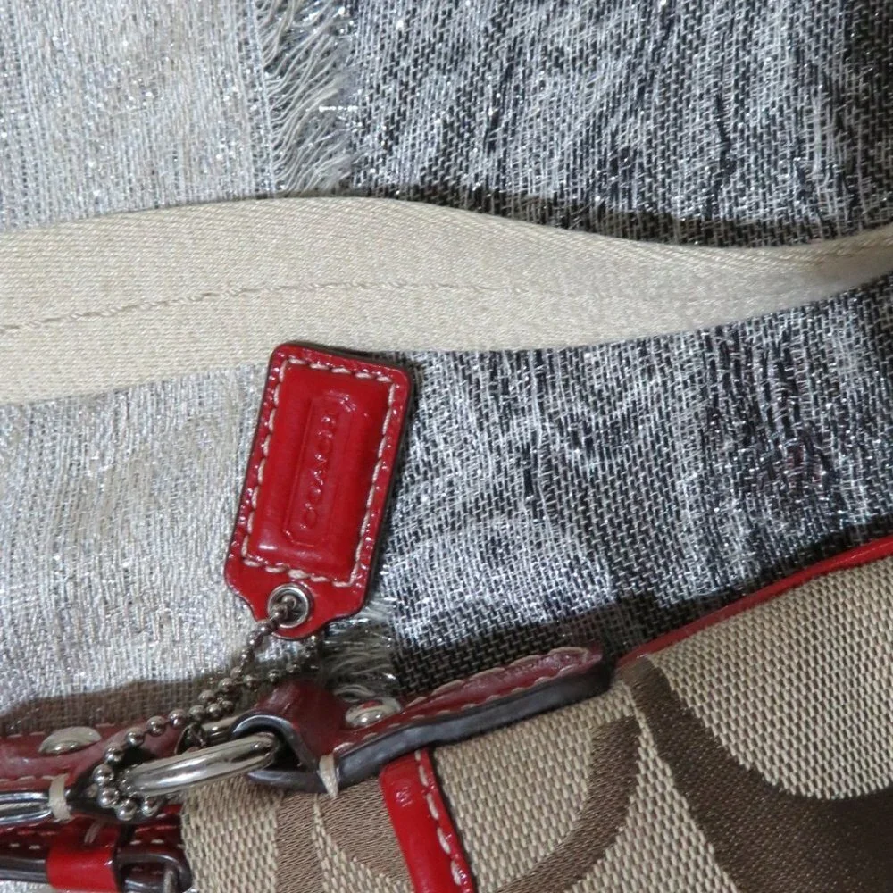 Coach Swingpack 7 x 8 Crossbody Khaki Brown Red Vinyl Stripe Handbag Purse Tote